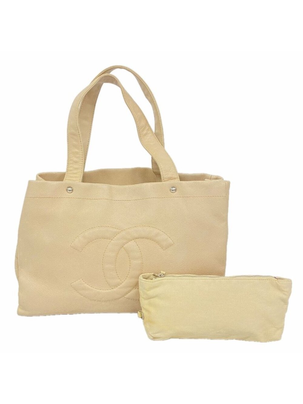 Chanel Tote Bag Caviar Leather Beige Silver